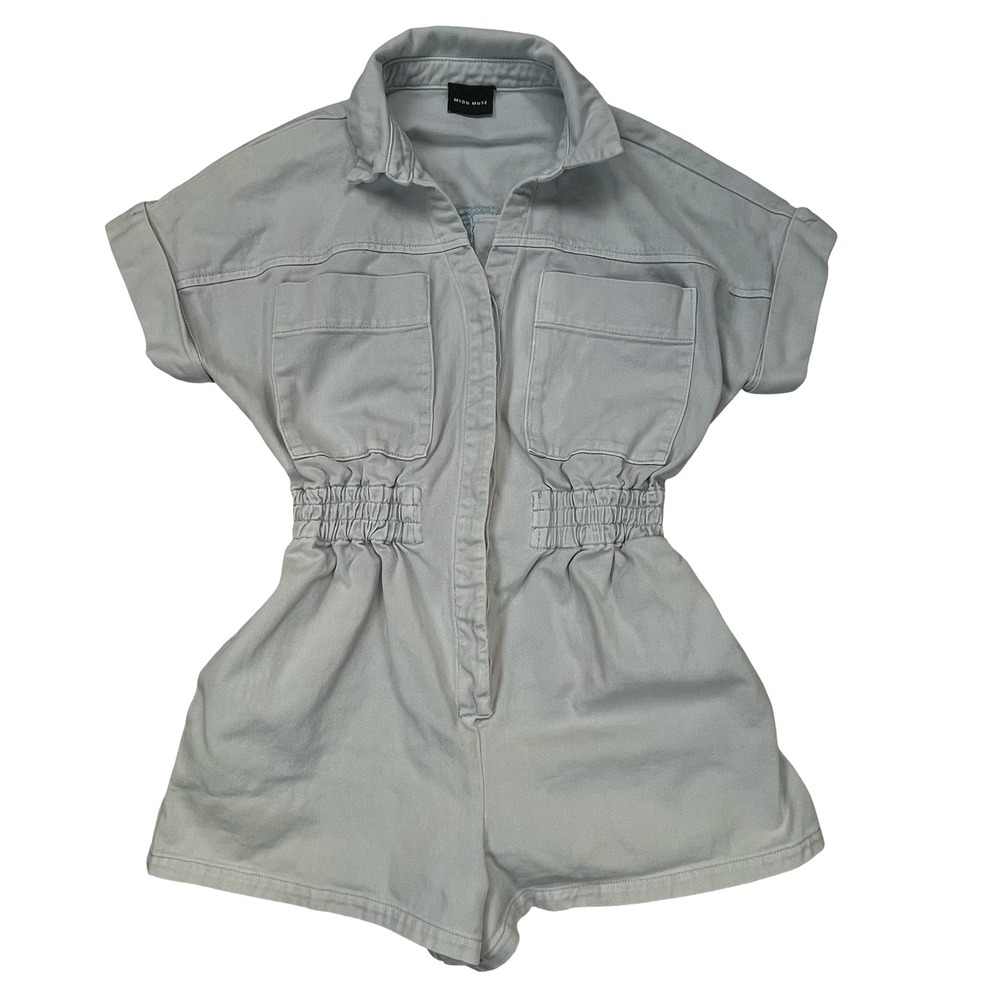 Miou‎ Muse Womens Romper Light Blue Utility Denim Elastic Waist Casual S